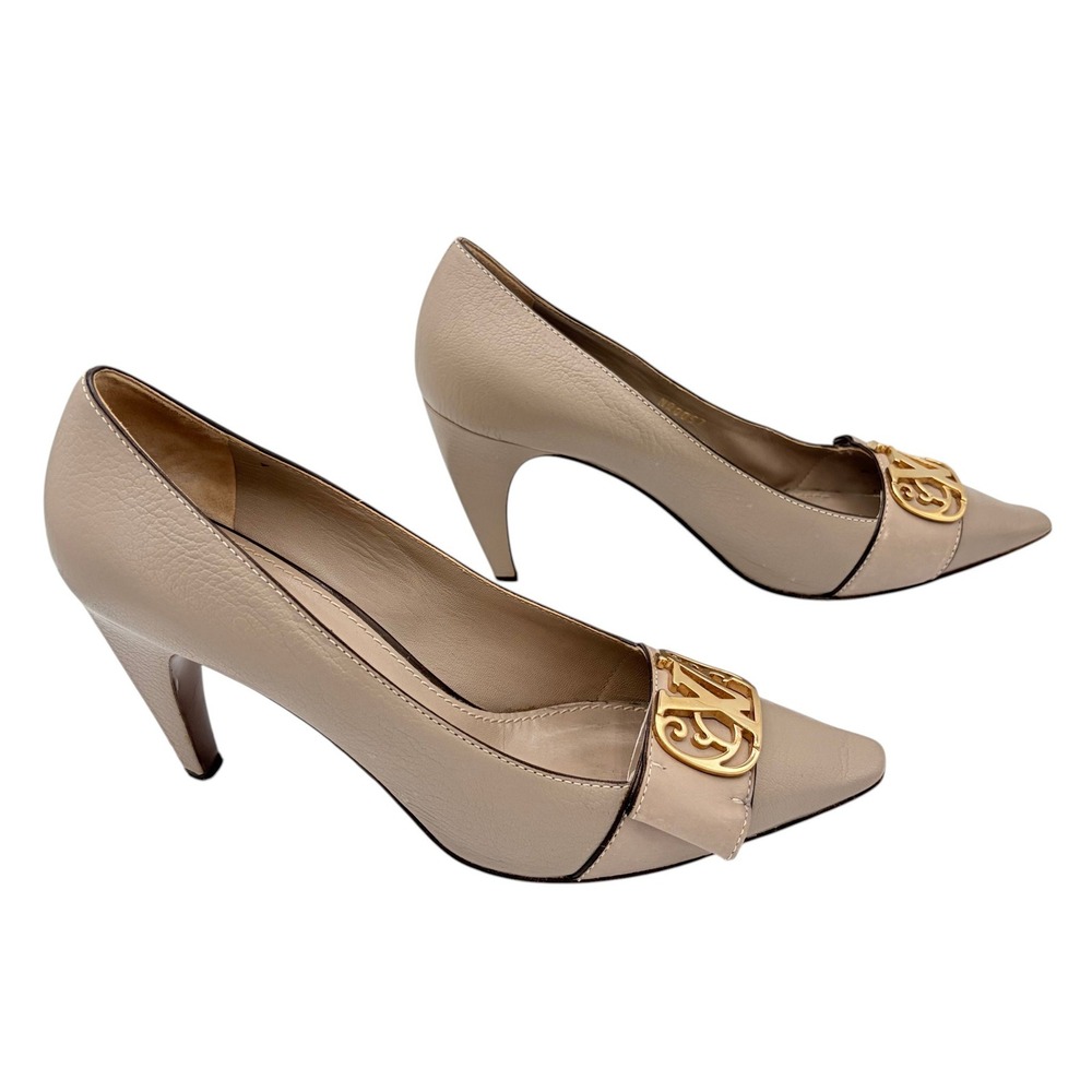 Louis Vuitton Erika Pumps 37 Taupe Leather Gold Logo Buckle Pointed Toe‎ Heels